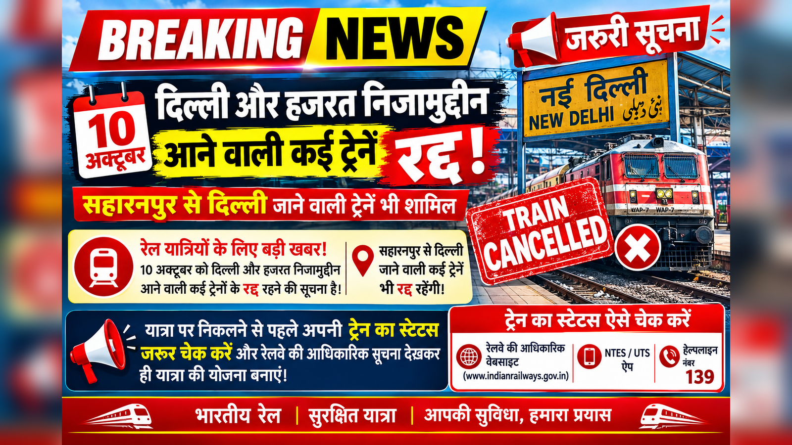 सहारनपुर से दिल्ली जाने वाले रेल यात्रियों के लिए जरूरी खबर, 10 अक्टूबर को कई ट्रेनें रद्द होने की सूचना